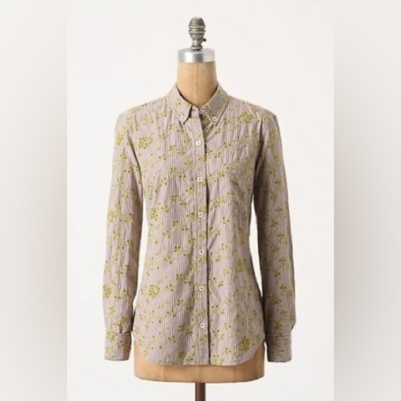 Anthropologie Odille Striped Embroidered Eyelet Buttondown Shirt - Picture 1 of 8